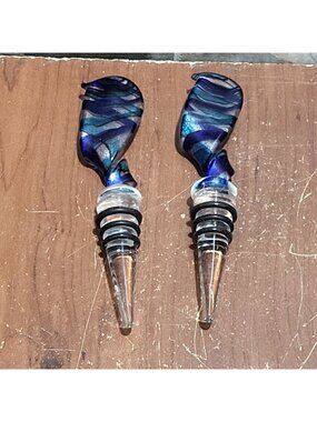 Set of 2 Art Glass Bottle Stoppers Blue Silver Black Twisted Wine Stopper Barwar